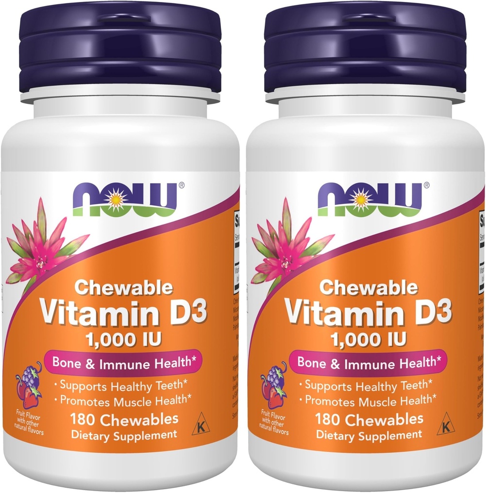 Teraz doplnky, vitamín D-3 1 000 IU, prírodná ovocná príchuť, štrukturálna podpora*, 180 žuvačky (dávka 2)