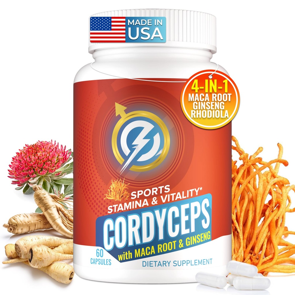 Cordyceps Mushrom Capsulas - Immune & Energy Support s Cordyceps Militaris, Maca Root, Ginseng, Rhodiola, Mushroom Supplement for Endurance, Stamina, Athletic Performance, 60 Kapsule