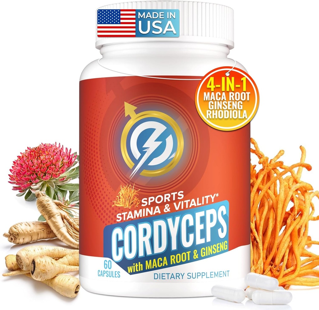 Cordyceps Mushrom Capsulas - Immune & Energy Support s Cordyceps Militaris, Maca Root, Ginseng, Rhodiola, Mushroom Supplement for Endurance, Stamina, Athletic Performance, 60 Kapsule