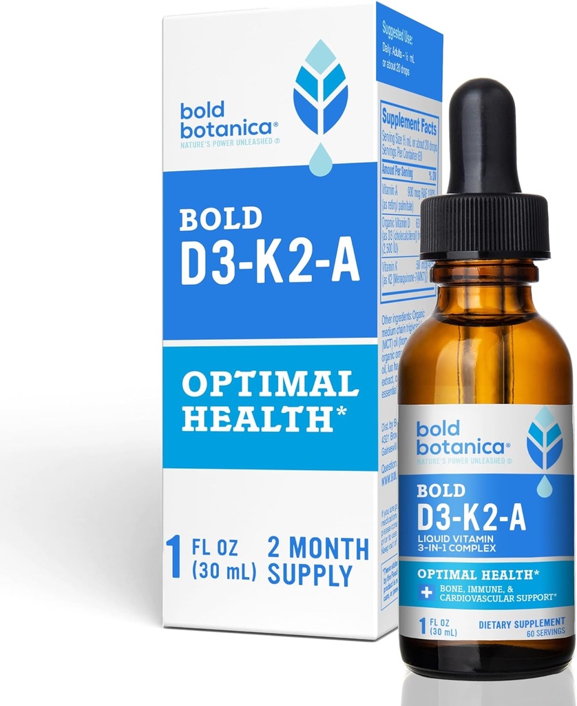 Bold Botanica D3-K2-A, Tekutý vitamínový komplex, Vegan D3 z organickej riasy s vitamínom K2 (MK7) a A pre imunitnú podporu, prírodná Orange Flavor, Chute Delicious, 1 FL OZ. (30ml)