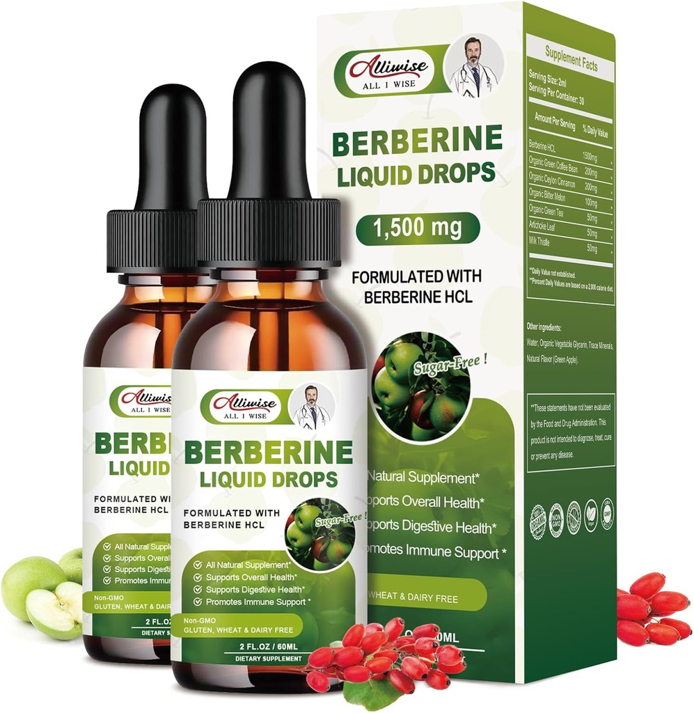 2 balenie Berberine Supplement Liquid Drops for Immune System & Digestive System Supports - Premium Berberine HCL 1500mg s Pure Ceylon škorica -4 Fl Oz