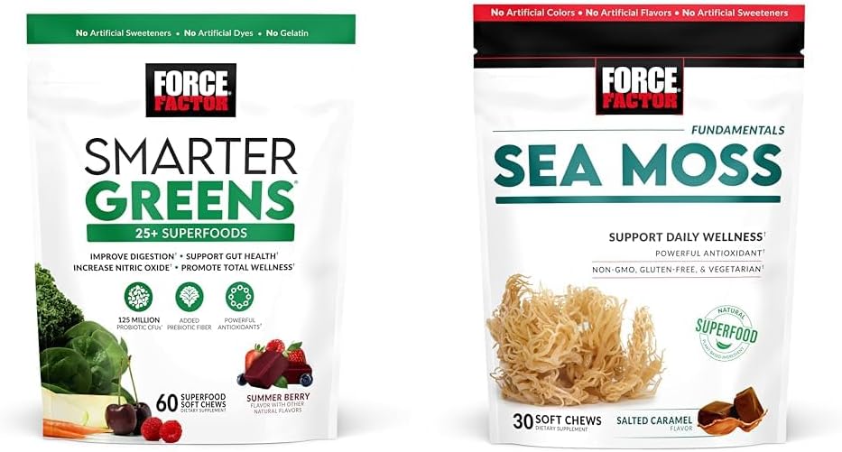 FORCE FACTOR Greens Chews s 25+ Superfoods & Sea Moss Chews, 60 & 30 Počet