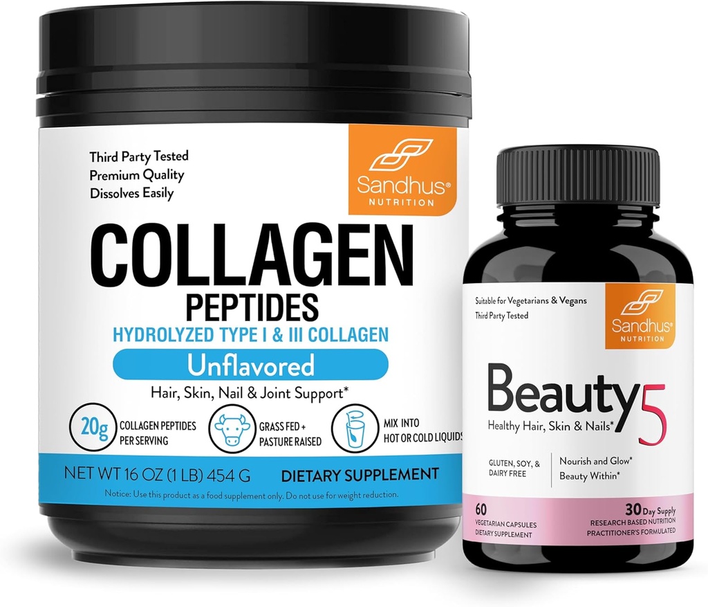Sandhu's Grass-Fed Collagen Peptides Powder & Beauty 5 Kapsule