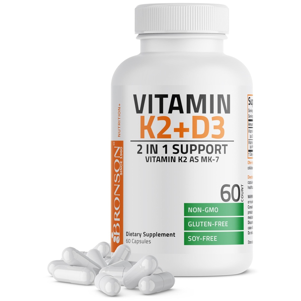 Bronzonový vitamín K2 D3 (MK7) Doplnkový NeGMO formula Vitamín D3 5000IU (125 μg) & 90 μg K2 MK-7, ľahko prehltnúť D & K komplex, 60 kapsúl
