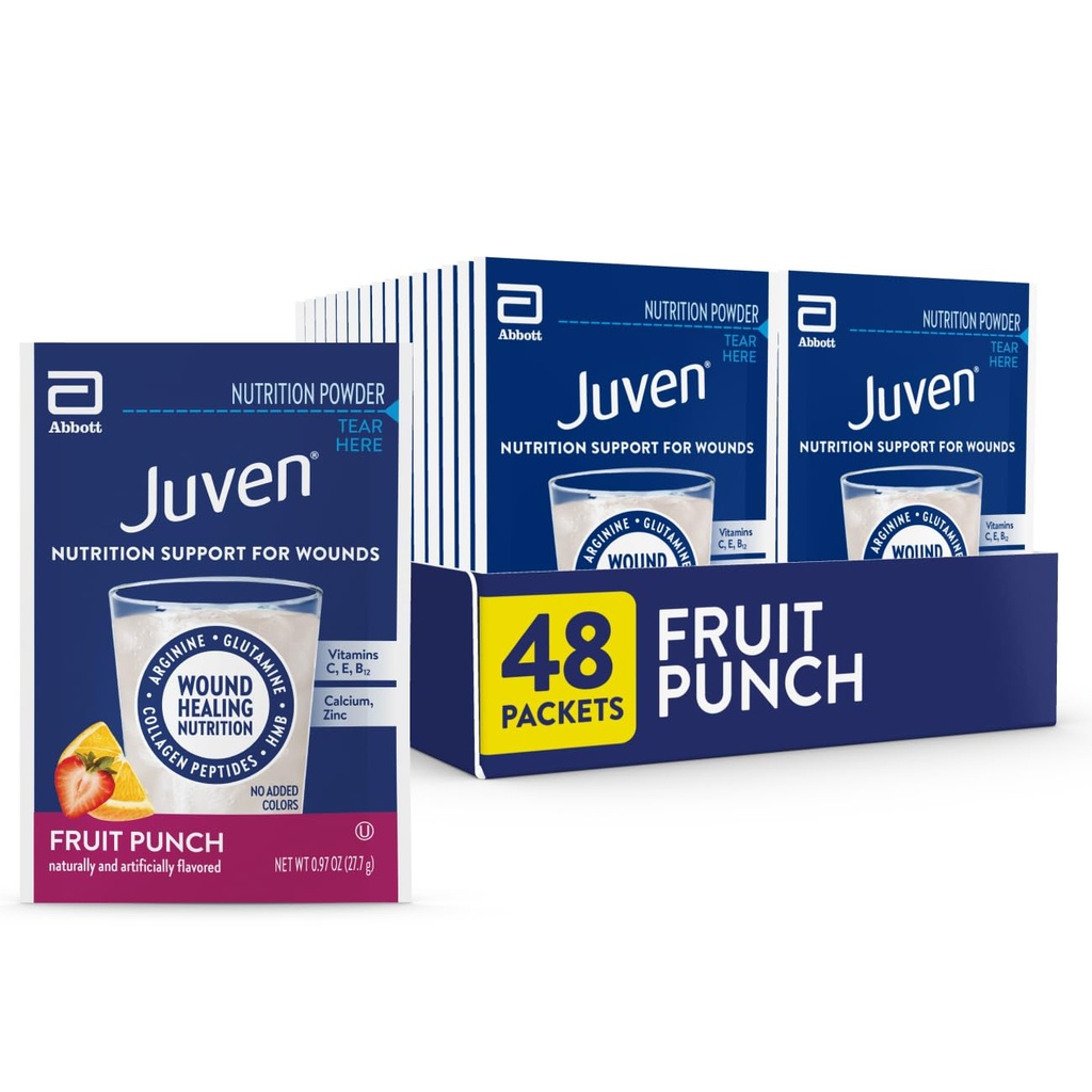 Juven Terapeutické Nutrition Drink Powder vrátane kolagénu Peptidy, aminokyselín, a HMB na podporu hojenia rany, ovocná rana, 48 paketov