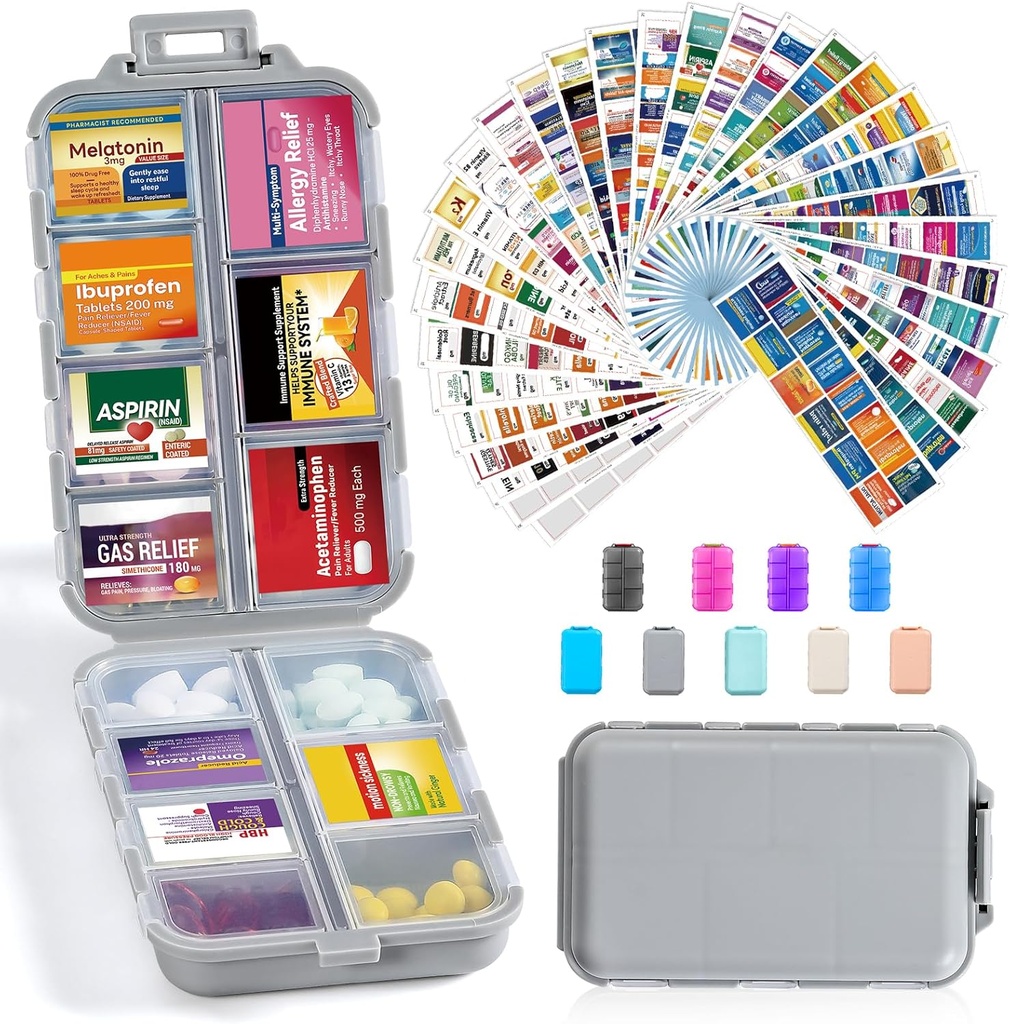 14 Mriežky Cestovné pilulky Organizátor box s 415-Pcs Názov lieku Etikety - Pocket Daily Pharmacy Case Container - Cestovné lekárnička Držiak Dispenser súprava pre rybí olej Vitamínové doplnky úložisko - šedá