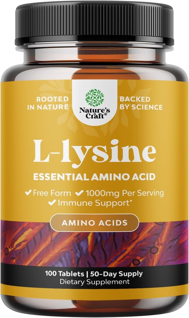 Natures Craft L-Lysine Free Form Capsules - Vysoká sila L-Lysine Supplement for Eye Health Lip Care Collagen Synthesis and Immune Support - Essential Amino Acid - 1000mg per Serving - 100 Count