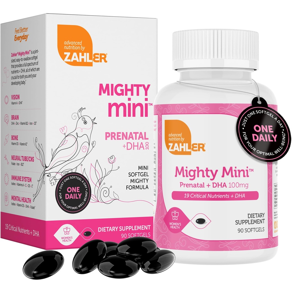 Zahler Mighty Mini prenatálny vitamín s DHA a folát - Certified Kosher - Všetky prírodné prenatálne vitamíny - Multivitamín pre tehotné ženy - 19 prenatálnych vitamínov vrátane kyseliny listovej (90 Softgels)