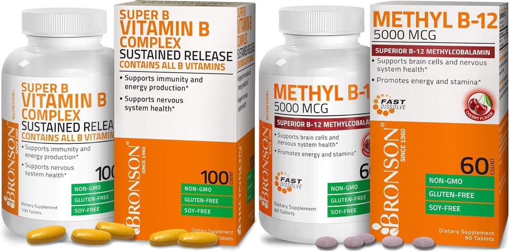 Bronson Metyl B12 5000 mcg Vitamín B12 Metylkobalamín Lozenges + Super B vitamín B komplex Trvalo pomalé uvoľňovanie
