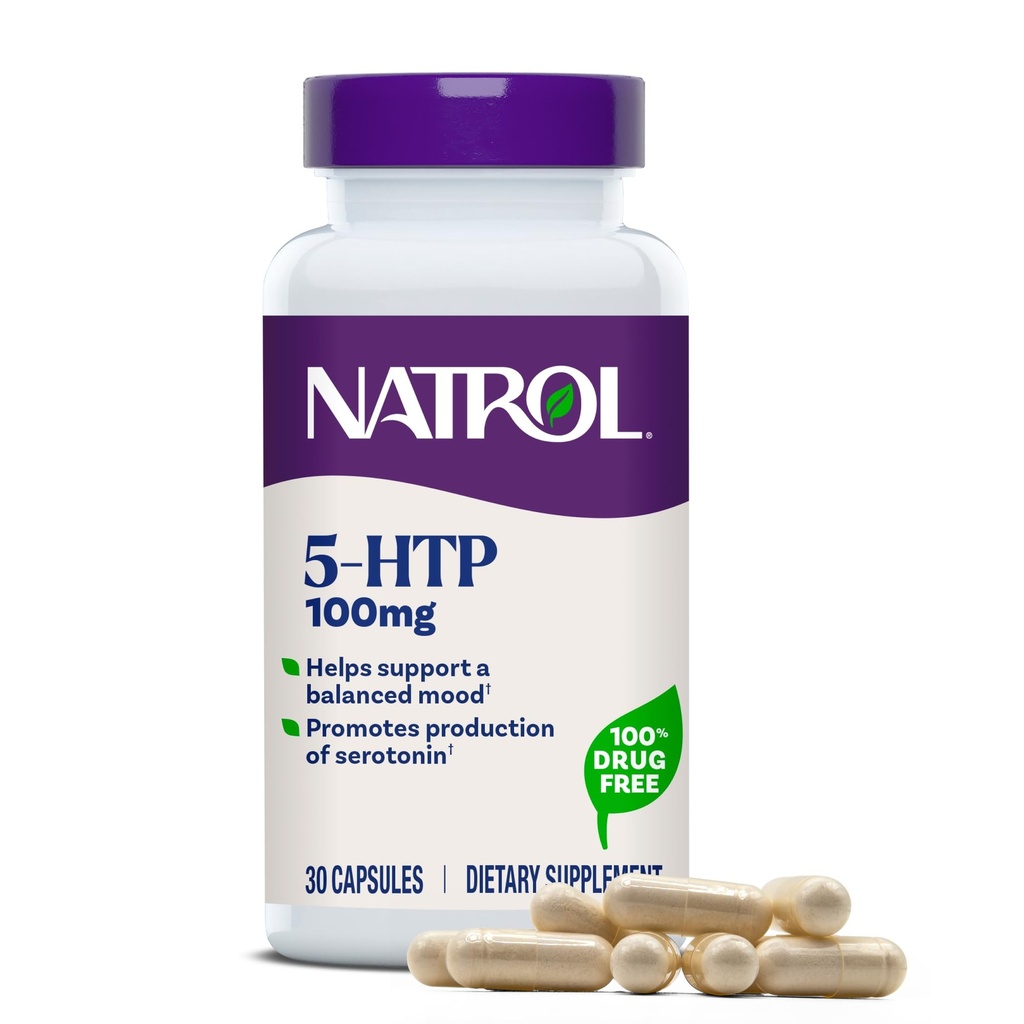Natrol Mood + Stres 5- HTP 100 mg, Dietary Supplement for a Balanced Mood, Kapsule pre dospelých, 30 Kapsule, Až 30 dní