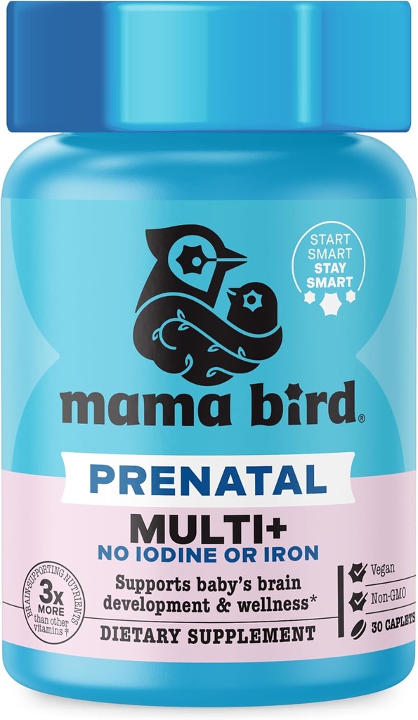 Najlepšie Nest Wellness Mama Bird prenatálne multi Plus jód a bez železa - prenatálny vitamín pre mozog a trávivé zdravie - Vegánsky multivitamín s metylfolátom, probiotikami a viac - 30 Caplets