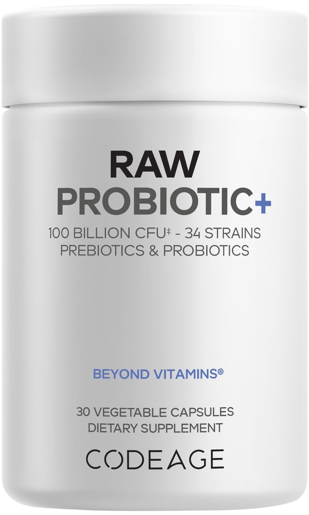 Codeage Raw Probiotic+ Supplement - 34 Probiotických kmeňov, 100 miliárd CFU, Raw Whole Food Probiotics, Digestive Enzymes, Raw Fruits & Veggies Prebiotics - Wild Kefir Culture - Non- GMO - 30 kapsúl