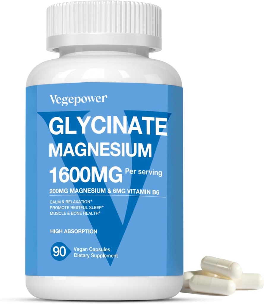Glycinát horečnatý 1600mg Doplnky - s vitamínom B6 a zinkom, vitamínom D3, so spánkom, svalovinou, kosťami a imunitným zdravím, s vysokou absorpciou Magnesio, non-GMO, vegan 90 kapsúl