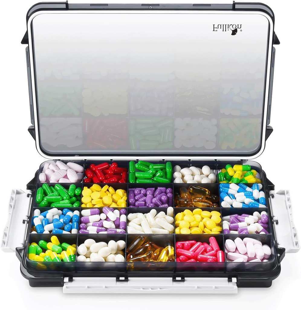 Fullicon Extra veľké pilulky Organizátor s dôkaz vlhkosti Design, Cestovné Jumbo pilulky box s 20 Kompartment, Supplement Organizátor pre vitamíny s 3 Zaistené pracky (čierna)