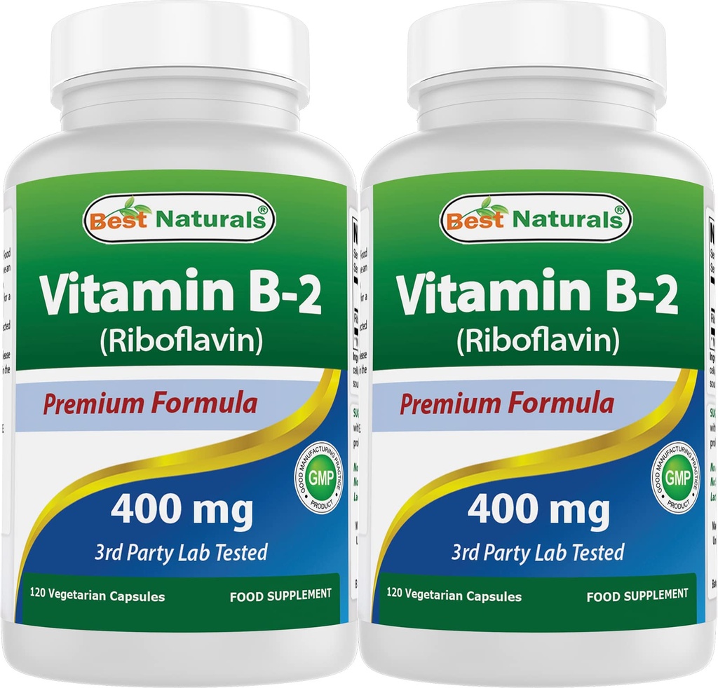 Najlepšie prírodné vitamín B2 (Riboflavin) 400mg - Migréna Relief - Veggie Kapsule - Conezyme Precursor - 120 Počet (120 Počet (Stock of 2))