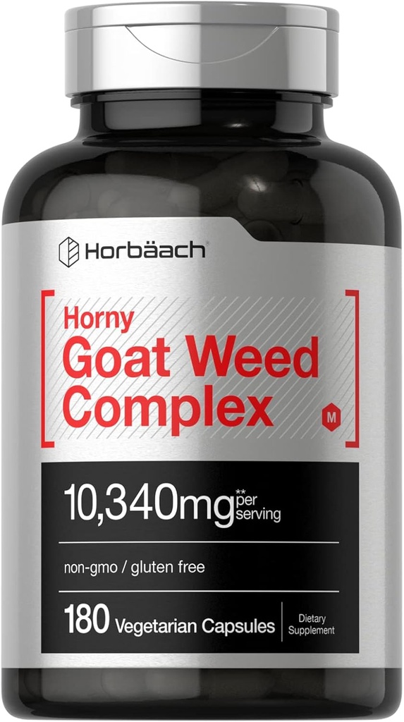 Horbäach Horny Goat Weed Complex | 10,340 mg | 180 Capsules | Vegetarian, Non-GMO, and Gluten Free Formula with Tribulus, Maca, Yohimbe, and L-Arginine