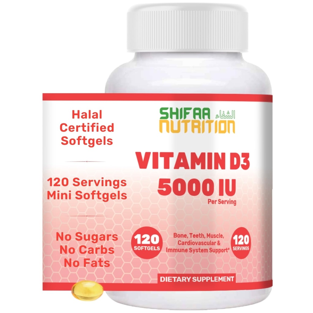 SIFAA NUTRITION Halal Vitamín D, Halal Vitamín D3, 5000 IU Softgels, 120 Servings. Non-GMO, Gluten-Free, Podpora: Štruktúra, kosti, zuby, srdce, svalové a imunitné funkcie