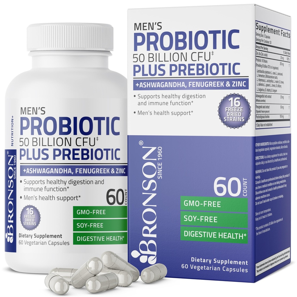 Bronson Pánske probiotiká 50 miliárd CFU Plus prebiotiká s Ashwagandha, senovka a zinok, podporuje zdravú trávu a imunitnú funkciu non-GMO, 60 Vegetariánske kapsule
