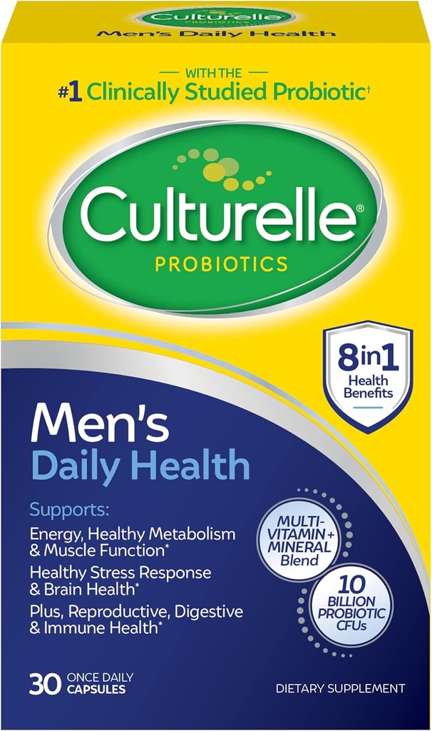 Culturelle Daily Health 8-in-1 Probiotiká a multivitamín pre mužov - 30 Počet - Prirodzene-Zdrojované probiotiká pre trávenie zdravie a imunitnú podporu, s horčíkom, vitamín D3, vitamín C, vitamín B12