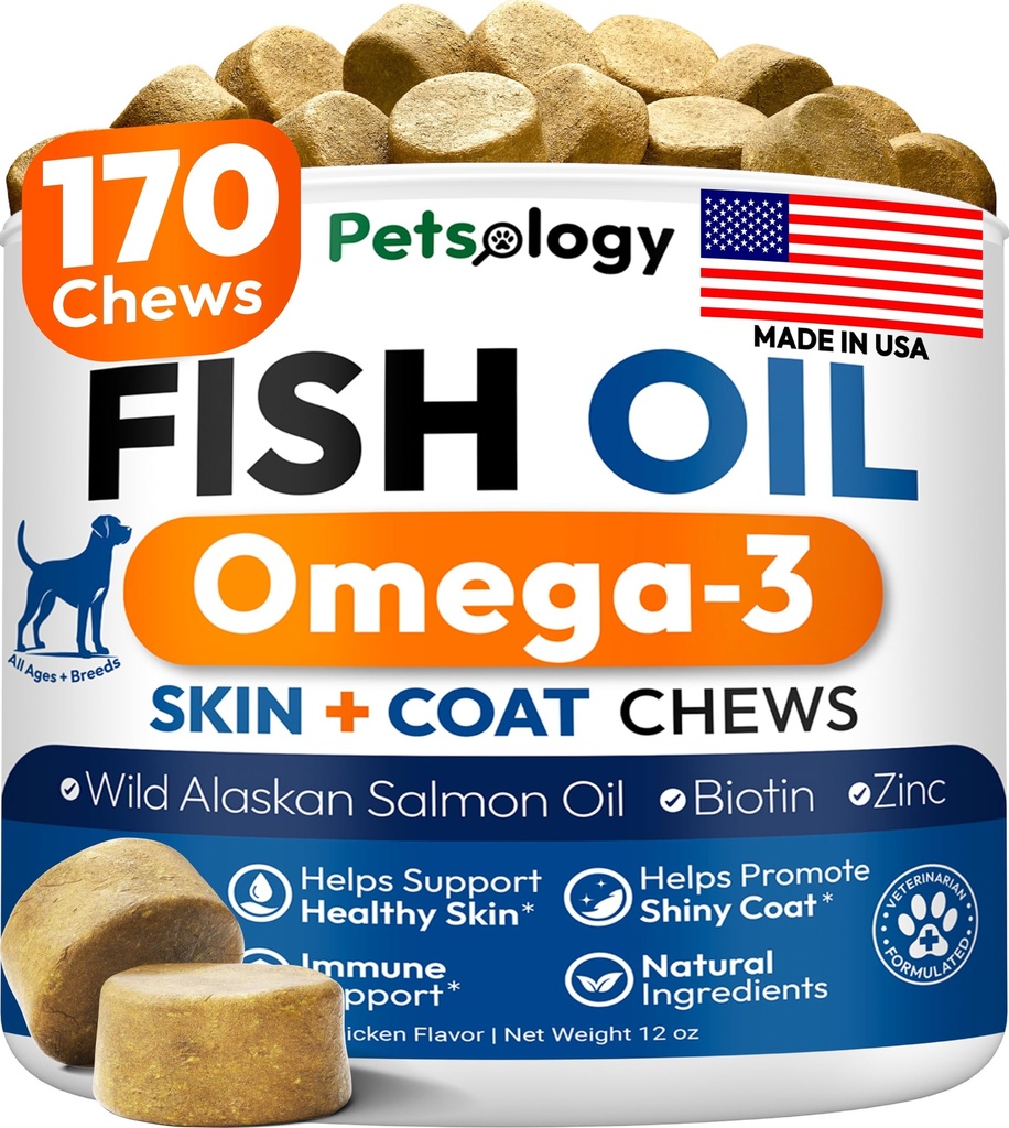 Omega 3 Rybí olej pre psy - 170 Žuvačky - Omega 3 pre psy Svrbiace kože a alergie Relief - Skin & Coat Supplement - EPA & DHA Mastné kyseliny - Dog Anti Shedding & Hot Spot Liečba - Salmonový olej