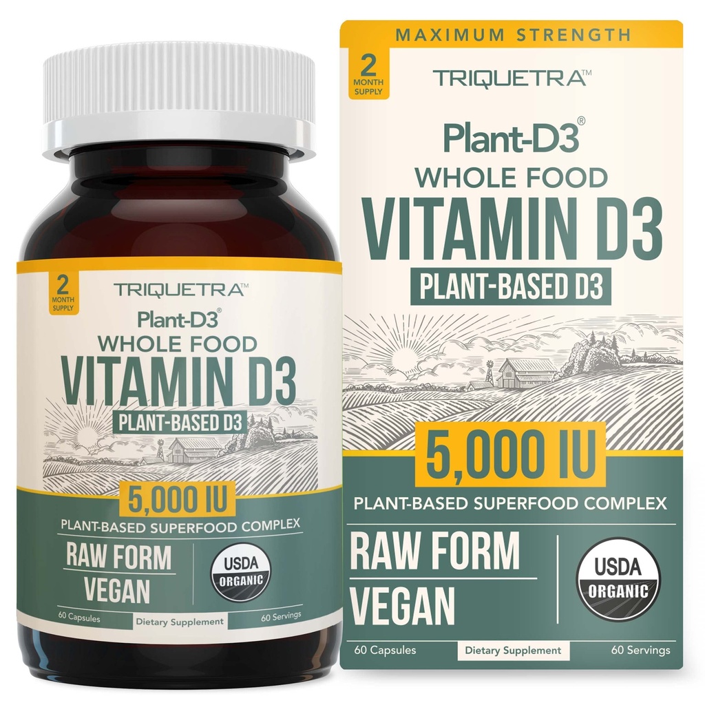 Organický vitamín D3 5 000 IU - 100% celý potravinový a rastlinný cholekalciferol forma, 100% Vegánsky vitamín D - obohatený o prebiotický a superpotravinový komplex