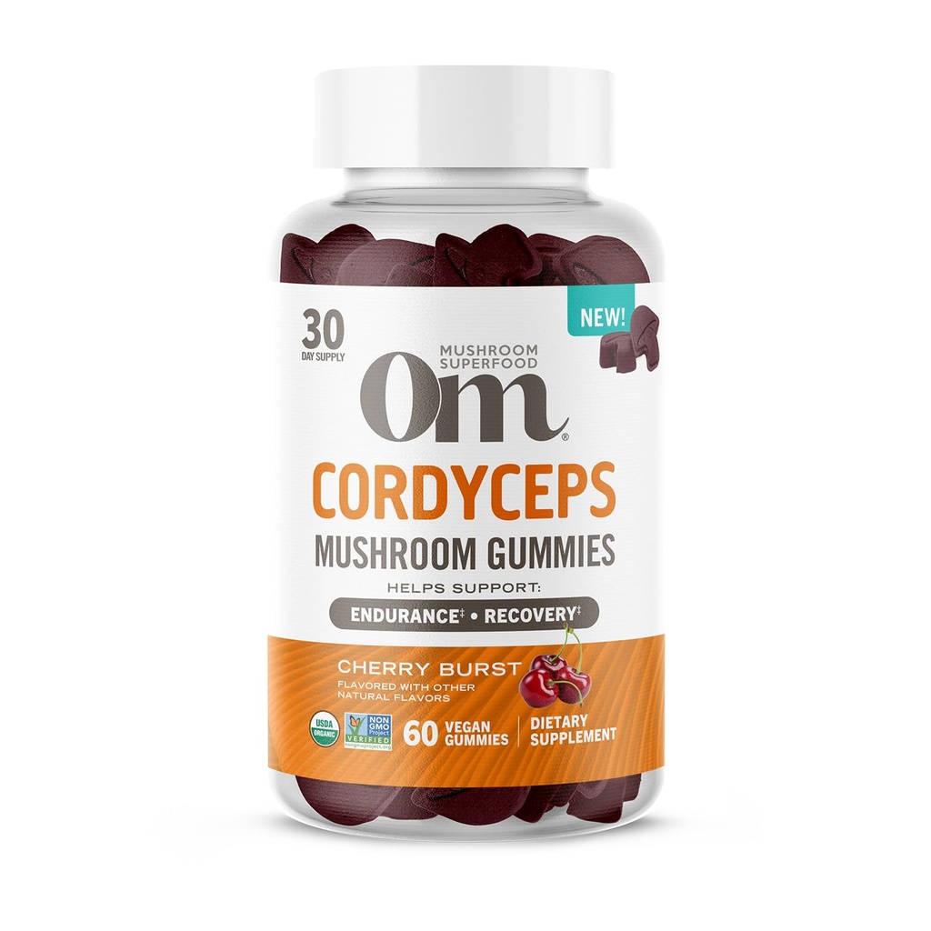 OM MUSHROOM SUPERFOOD Cordyceps Gummies, USA Grown Organic Huby, Supports, Endurance, Energy, & Recovery, 60 Gróf, 30 Gummy doplnky