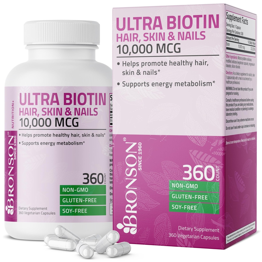 Bronson Ultra Biotin 10 000 Mcg vlasov kože a nechtov doplnok, non-GMO, 360 Vegetariánska kapsula