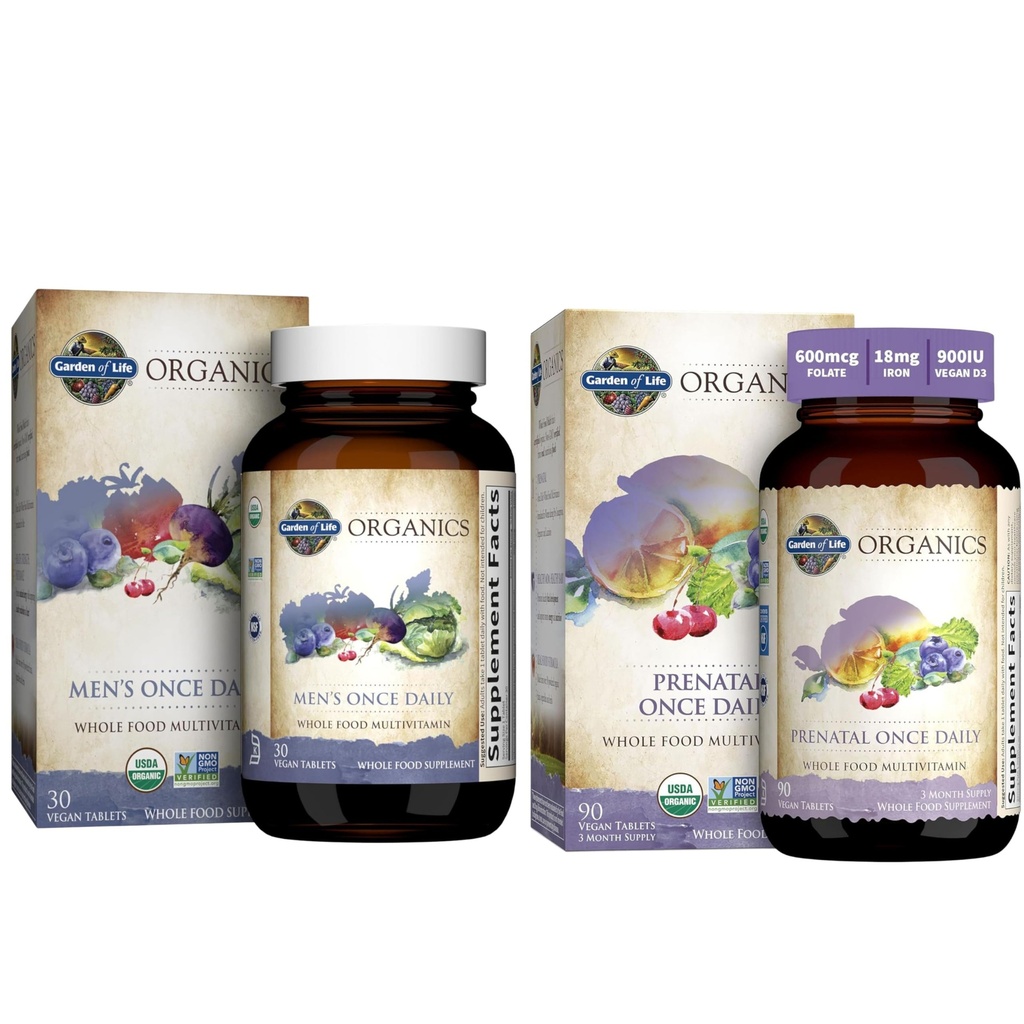 Garden of Life Organics Prenatálny vitamín: Folate for Energy & Healthy Fetal Development & Organics Multivitamín pre mužov - Muži raz denne celé jedlo vitamínové doplnky tablety, Vegan, 30 Počet