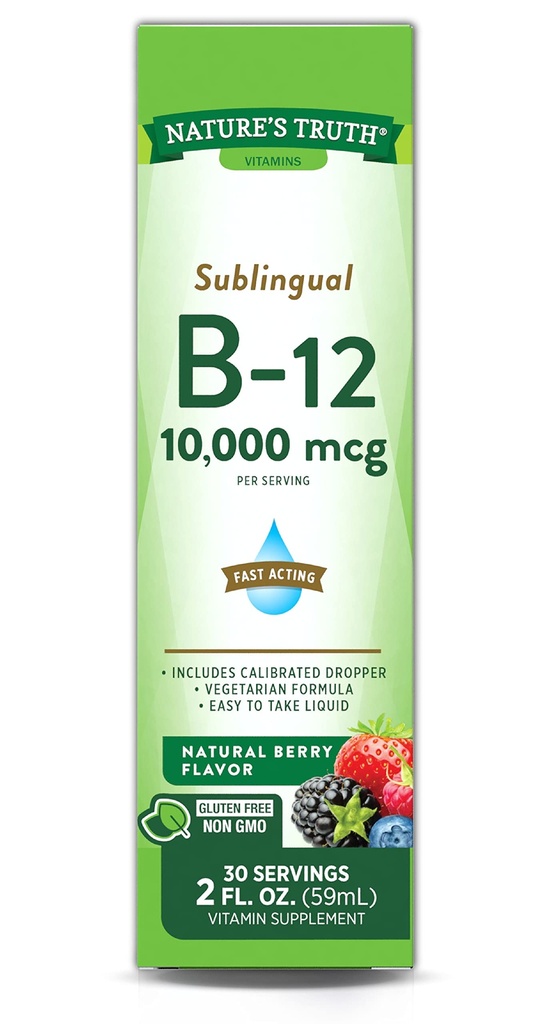 Príroda Pravda Sublingválny vitamín B-12 10 000 Mcg, Rýchle Acting Tekutina, Prírodné Berry Flavor, 2 Fluid Ounce (Stock of 1)