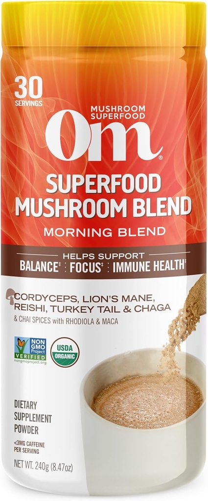 Om Mušroom Superfood Morning Energy Blend Mušroom Powder Drink, 8.47 Ounce Canister, Coffee Energy Drink with Cordyceps, Vitamin D2, Agaricus Bisporus, Lion's Mane, Rhodiola a Turkey chvost