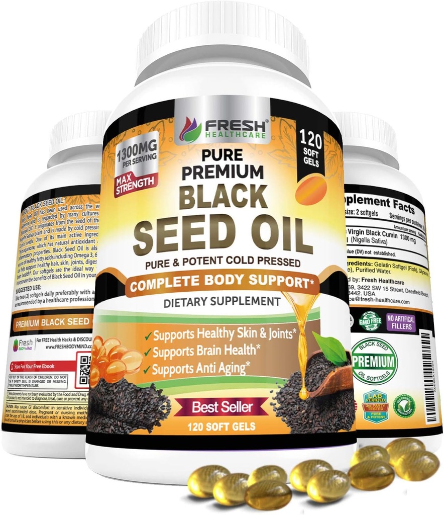 ČERSTVÁ ZDRAVOTNÍCKA Čierny olej Kapsule studený lisovaný 1300mg - 100% Pure Non-GMO Nigella Sativa - Immune & Joint Support - Premium Softgel Supplement