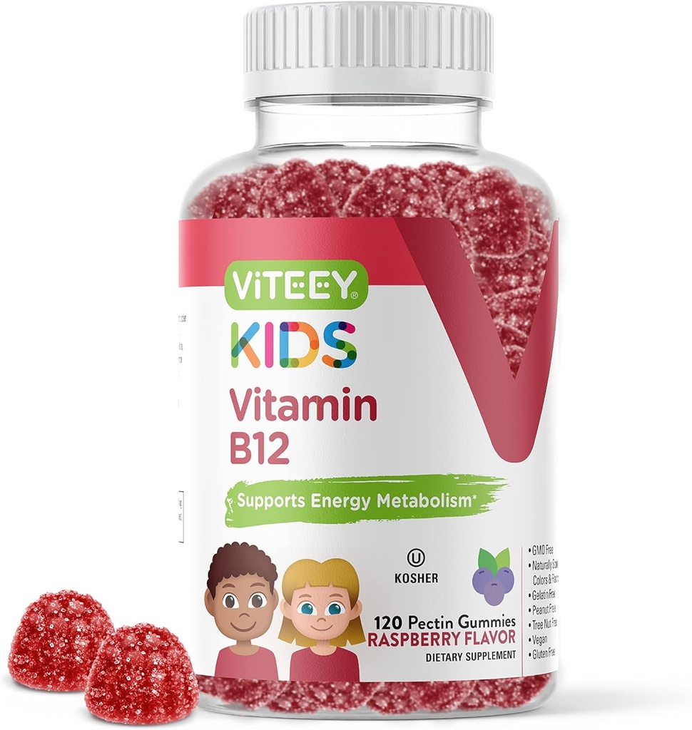 Viteey vitamín B12 pre deti Gummies, 1000mcg - Metabolizmus, Podpora prírodnej energie - Vegan, Želatína zadarmo, bez lepidla, GMO zadarmo - Chutný chutný B12 Malinová ochutená Gummy