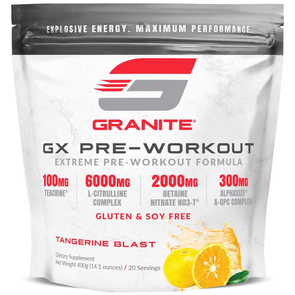 Granite GX Pre Cvičenie Supplement, Tangerine Blast Flavor, Podpora Focus, Energia, & Výkon s čajovníkom, L-Citrulline, Betaine, & A-GPC (20 Servings)