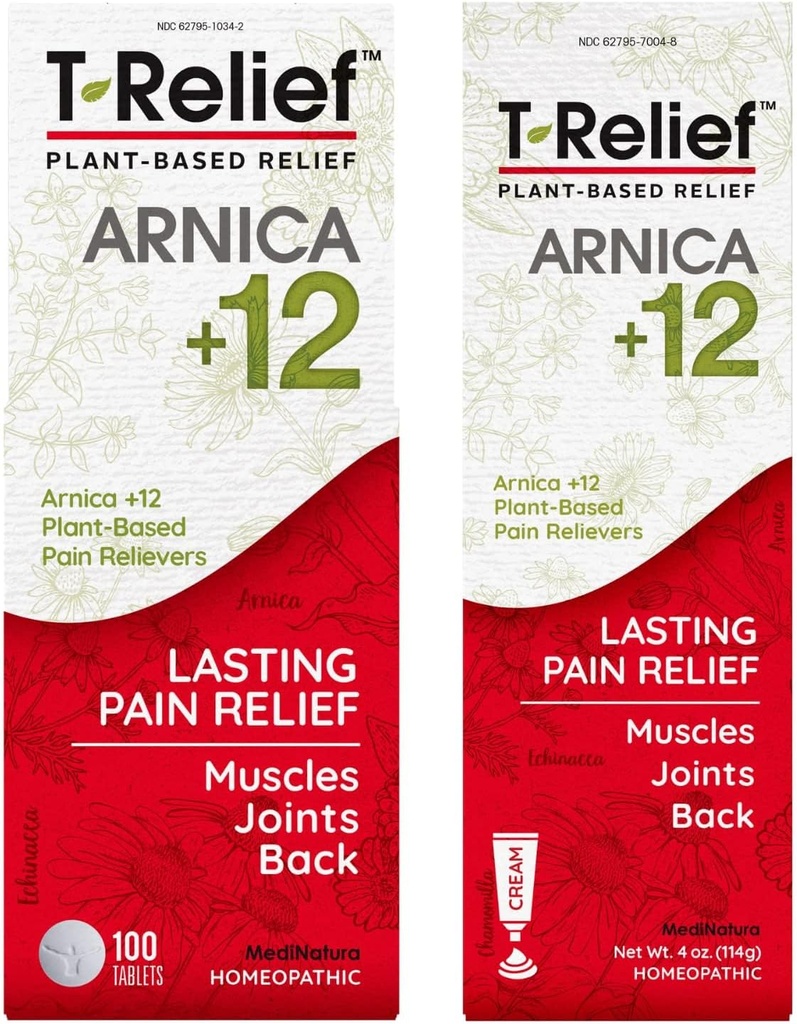 MediNatura T-Relief Arnica +12 Prírodná bolesť Relievers 100ct Tablety T-Relief Prírodná bolesť Relief Arnica +12 4oz krém Bundle