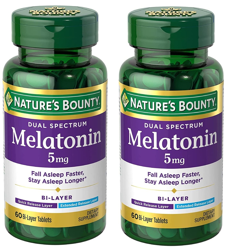 Nature's Bounty Melatonin 5mg Dual Spectrum, 100% Drug Free Sleep Supplement, Quick Release and Extended Release, Propaguje relaxačné a spánkové zdravie, 60 Bi-Layer Tablets (Pack of 2)