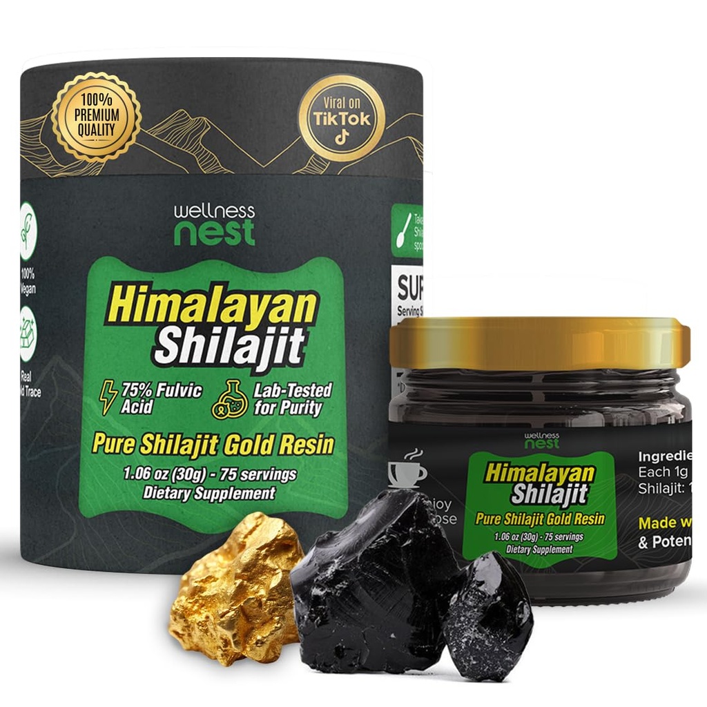 Wellness Nest Gold Grade Pure Himalayan Shilajit Resin: Ultimate Potency for Men & Women - 24k Gold, 75%+ Fulvic Acid, Lab Test Report Included - 30g (1 balenie), 75 Servings
