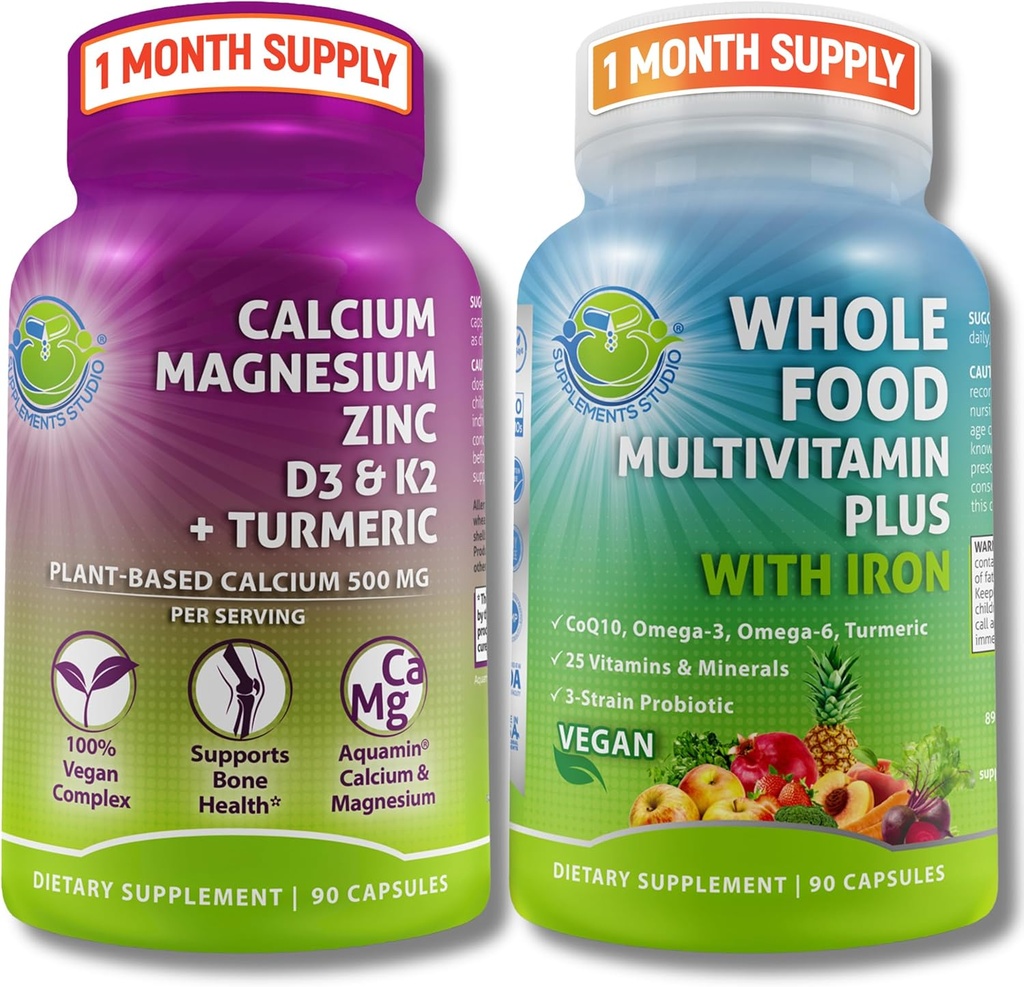 Vegan Celopotravinársky multivitamín so železom + Rastlinný vápnik, horčík, zinok, D3, K2 a kurkuma 