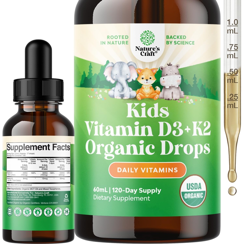 Prírody Remeslo Deti Vitamín D3 K2 kvapky - Organický vitamín D pre deti pre silné kosti a kĺby - Dojčatá, dojčatá a batoľa Imunitná podpora Drops Liquid Supplement - 60 ml fľaša