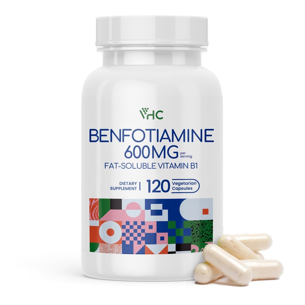 VHC Vitamín B1 Benfotiamín 600mg Supplement- 5X Time Fat-Soluble Thiamine Vitamin B1- Max Boost Biodostupný tiamín B1 Hladiny-120 Veggie Capsules,Non-GMO, Soy Free- Made in USA