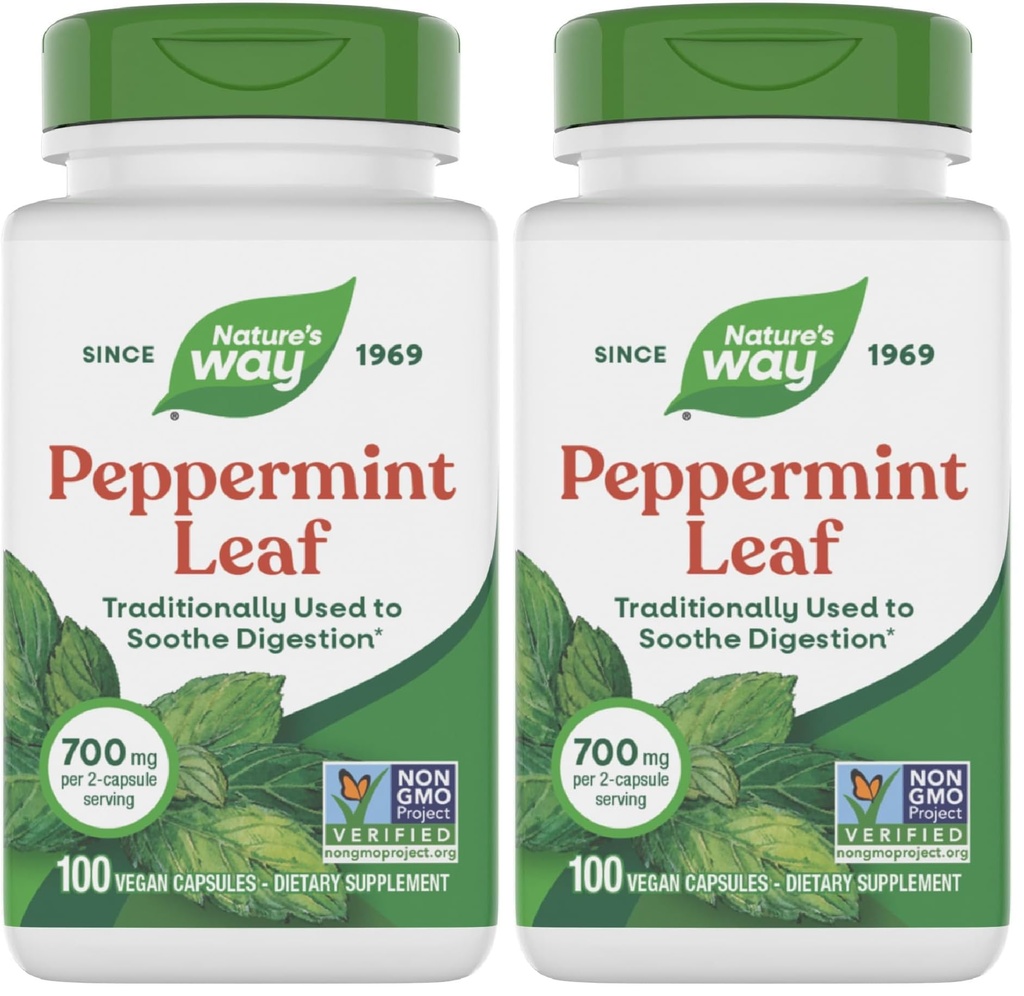 Nature's Way Premium Herbal Peppermint Leaf, Traditional Digestive Upokojujúce a nepohodlie Podpora*, 700mg per Serving, 100 Kapsule (Pack of 2)