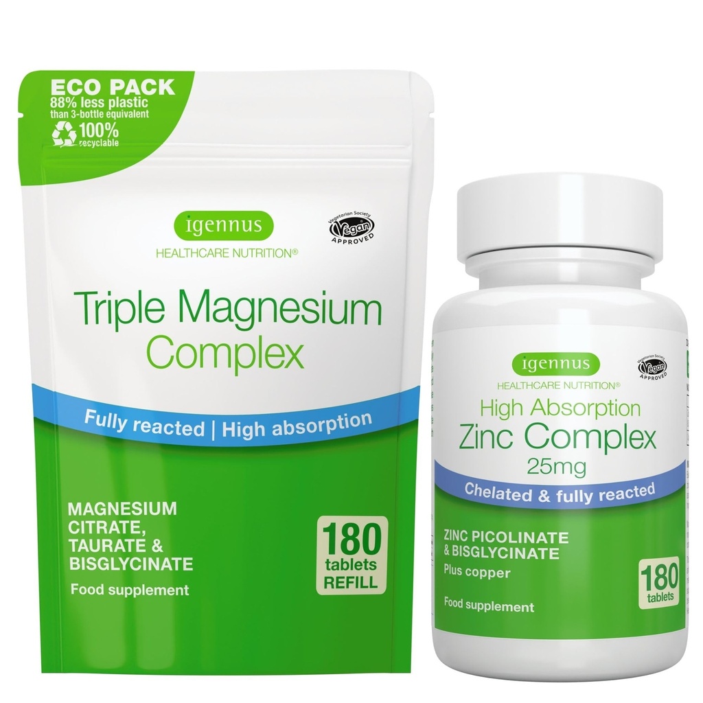 Triple Magnézium Complex 180 Tablets + Zinkový komplex Vegan Bundle, vysoká absorpcia Súvisiace horčík + 25 mg Súvisiace zinok Pikolinát a bisglycinát s meďou, Igennus