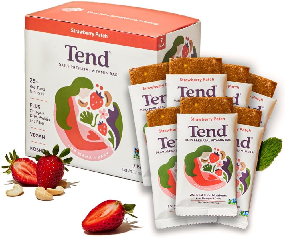 Tend Daily Najlepšie prenatálny vitamín bar, vyrobený s organickými zložkami pre tehotné a popôrodné matky, zahŕňa DHA, vitamín D, B, cholín, folát, slnečnicový lecitín - jahodová patch (7ct)