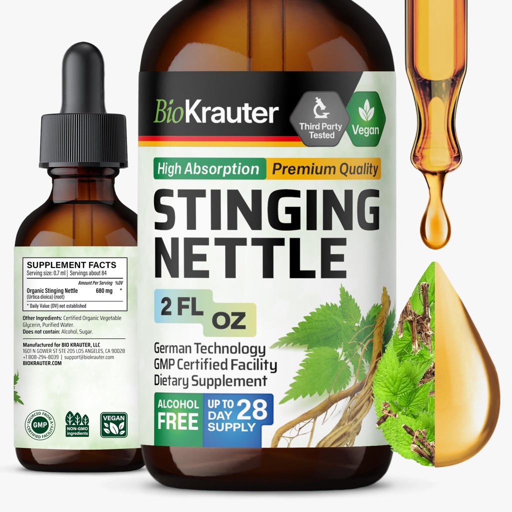 BIO KRAUTER Stinging Nettle Tinture - Netle Root Extract Liquid - Urinary Suplement - Urtica Dioica Natural Extract - Vegan, Sugar & Alcohol Free Drops 2 Fl.Oz.