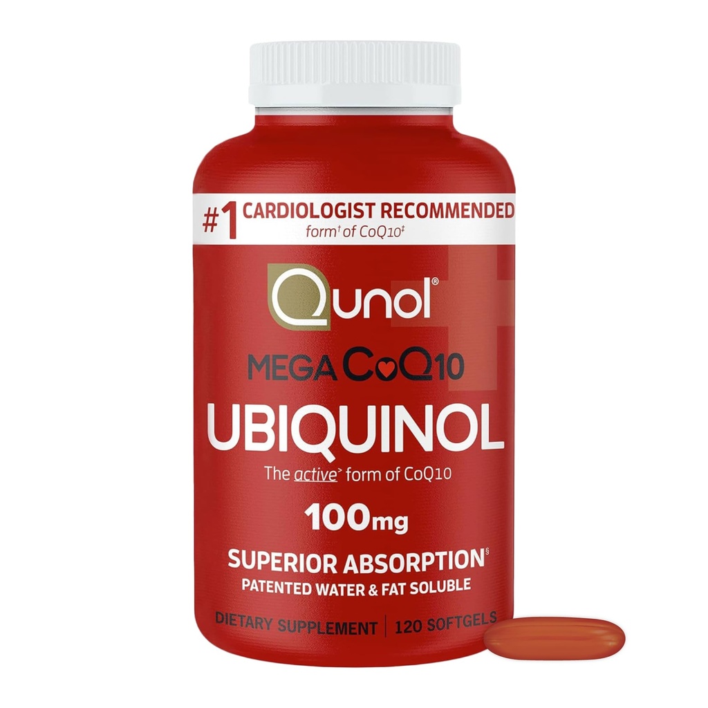 Qunol Mega Ubichinol CoQ10 100mg, Superior Absorpcia, Patentovaná voda a tuk Rozpustný prírodný doplnok forma koenzýmu Q10, Antioxidant pre zdravie srdca, 120 Počet (Pack of 1) Softgels