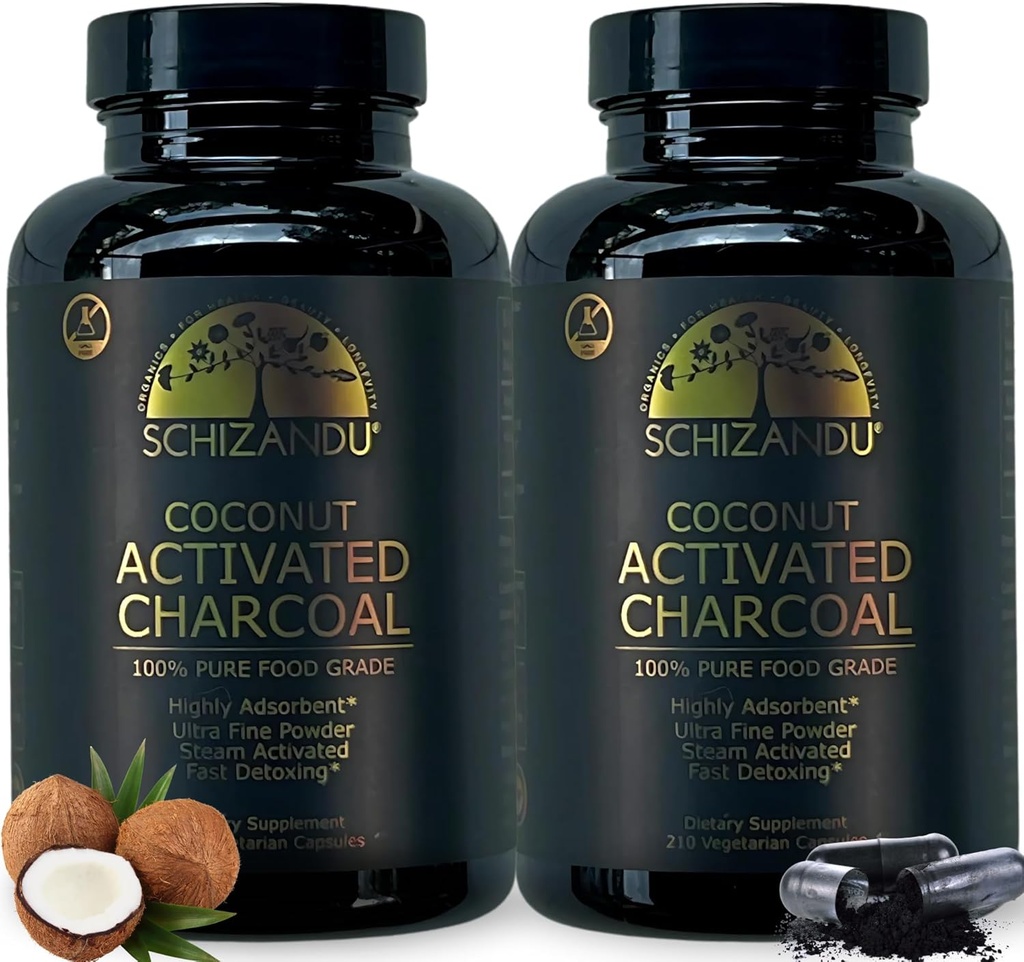 Aktivované Coconut Charcoal Kapsule- podporuje zdravie - Vegan, Organic, Non-GMO, Žiadne doplnkové látky - X-Veľké fľaše 210 Počet - Balenie po 2