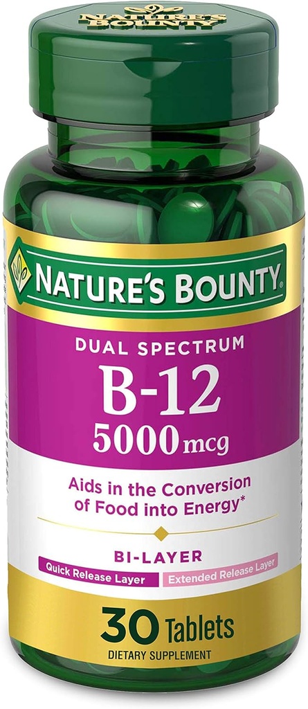 Vitamín B12 podľa prírodnej bounty, Dual Layer Dietary Supplement, Rýchle uvoľnenie a rozšírené uvoľnenie, podporuje energetický metabolizmus a nervový systém zdravie, 5000 μg, 30 tabliet