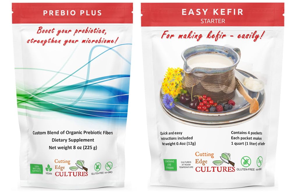 Cutting Edge Culture Prebio Plus + Kefir Starter Culture Prebiotic Fiber Powder Najlepšie Custom Blend of Organic Prebiotic Fibers Dietary Supplement (1 Prebio Plus + 1 Kefir 20g)
