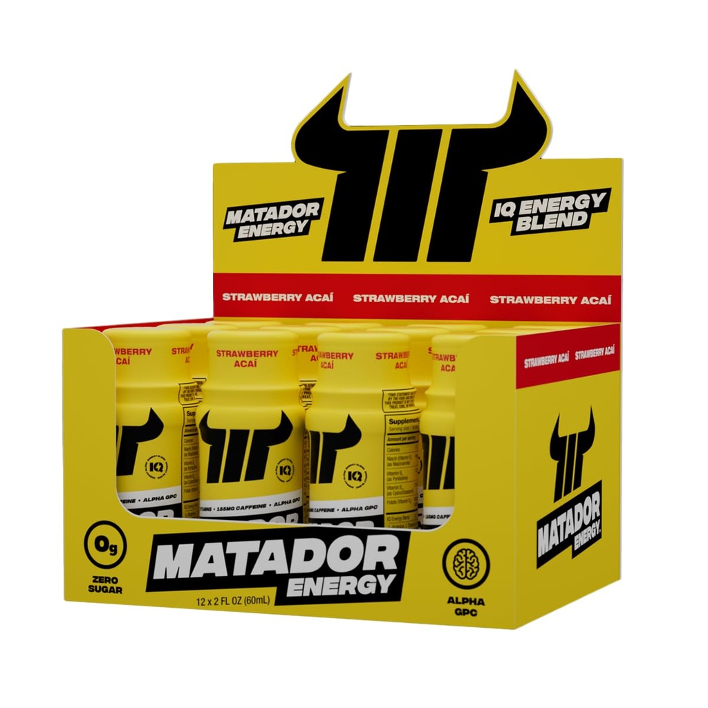 MATADOR Energy Shots Extra Strength Mini Energy Drinks w/B Complex Vitamin B12-B9-B6-B3), Alpha GPC Noottropic IQ Energy, Coffee Bean Extract Caffeine Shots, 24 Energy Drink Jahodový acai