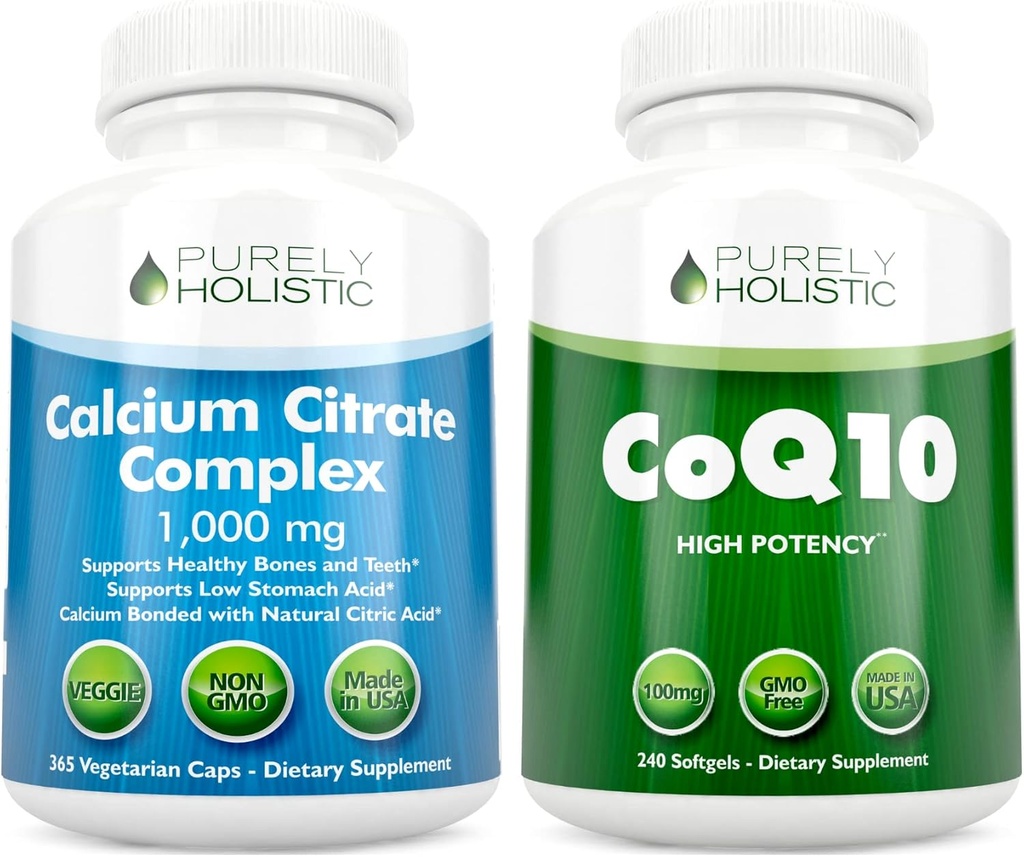 Titračný komplex vápnika 1000mg + CoQ10 100mg - 365 Vegan Kapsule + 240 Softgels Bundle - Bez vitamínu D - Vyrobené v USA
