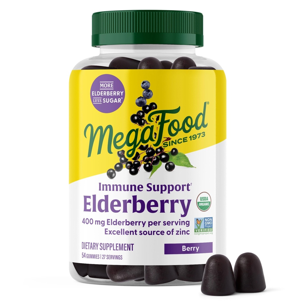 Megafood Elderberry Immune Suplement - Vegan Elderberry Gummy pre dospelých - Vyrobené so zinkom a skutočným jedlom - Pektín-Based, Gluten-Free, USDA Organic - 54 Gumies, 27 Servíry